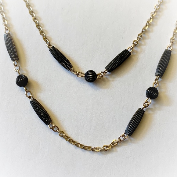 VTG Deco Style Gold Wash Sterling Black Bead Double Strand Necklace - Picture 10 of 15
